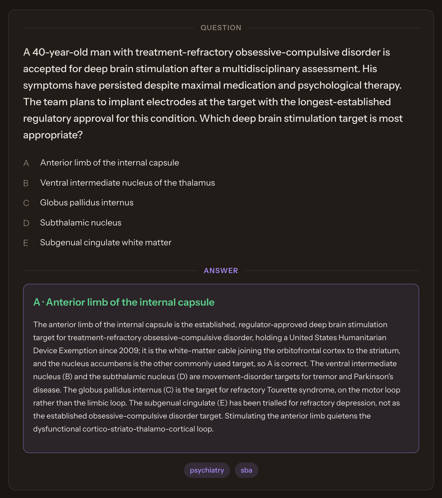 A Bottsy exam question: a clinical vignette about deep brain stimulation for treatment-refractory OCD, five options A to E, and a first-principles explanation of the correct answer